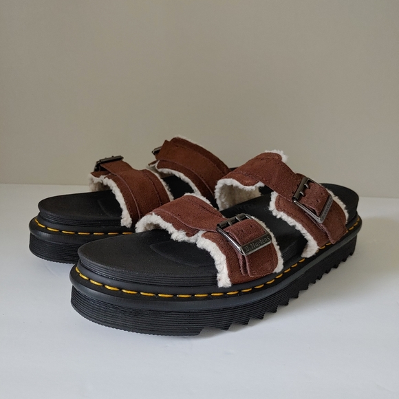 NEW Dr. Martens Myles Suede Fur-lined Buckle Slide Sandals Dark Brown Size 13 - Picture 6 of 16